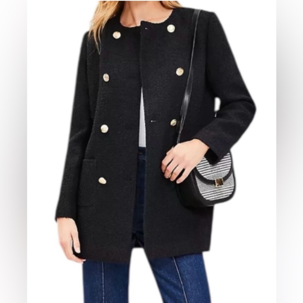 NWT - LOFT Petite Black Tweed Pea Coat with Gold Buttons